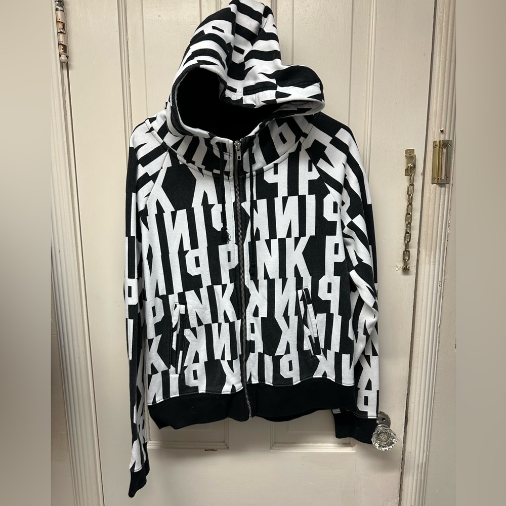 Victoria Secret PINK All Over Logo Zip-up Hoodie Black/White Sz L